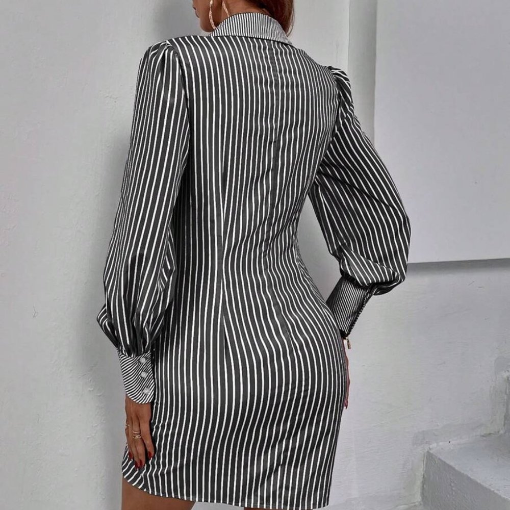 Sexy Black and White Striped Print Button Front Shirt Dress - Picture 5 of 5